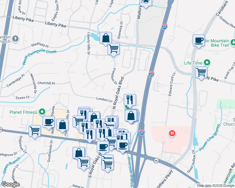 map of restaurants, bars, coffee shops, grocery stores, and more near 225 London Lane in Franklin