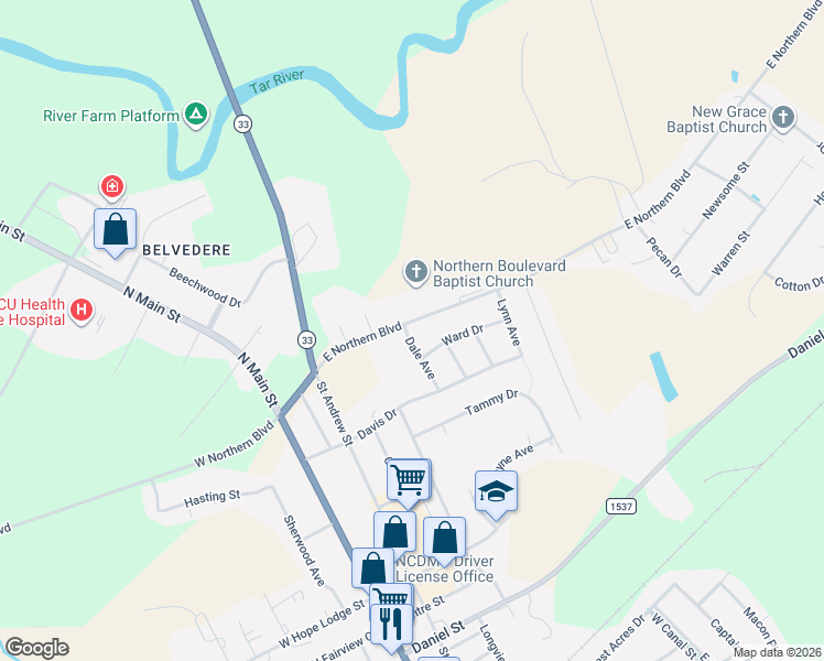 map of restaurants, bars, coffee shops, grocery stores, and more near 2501 Dale Avenue in Tarboro