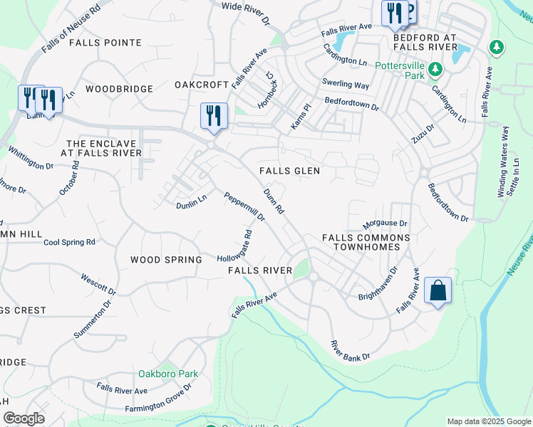 map of restaurants, bars, coffee shops, grocery stores, and more near 10709 Peppermill Drive in Raleigh