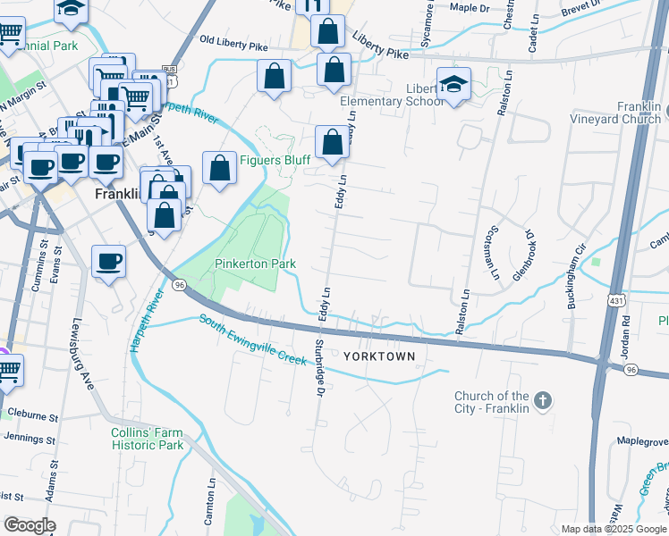 map of restaurants, bars, coffee shops, grocery stores, and more near 429 Eddy Lane in Franklin