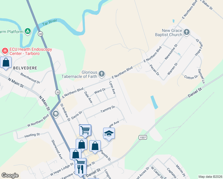 map of restaurants, bars, coffee shops, grocery stores, and more near 2400 Lynn Avenue in Tarboro