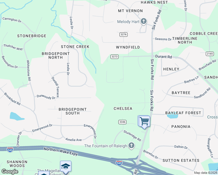 map of restaurants, bars, coffee shops, grocery stores, and more near 14236 Wyndfield Circle in Raleigh