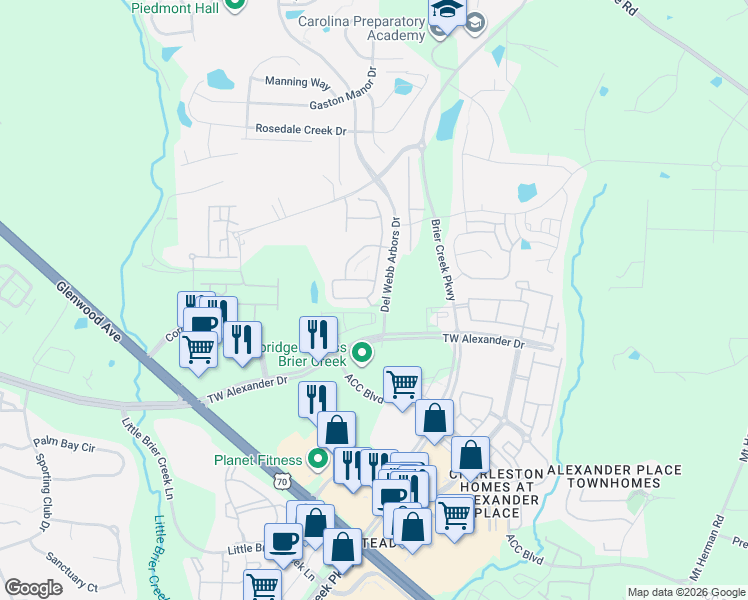 map of restaurants, bars, coffee shops, grocery stores, and more near 501 Brier Crossings Loop in Durham