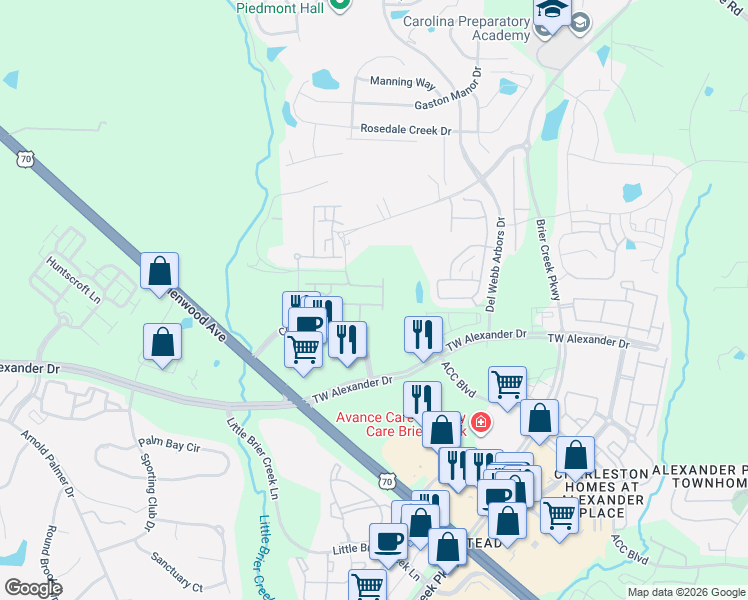 map of restaurants, bars, coffee shops, grocery stores, and more near 8040 TW Alexander Drive in Raleigh