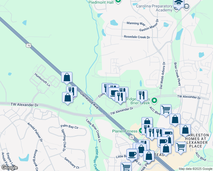 map of restaurants, bars, coffee shops, grocery stores, and more near 4229 Corners Parkway in Durham