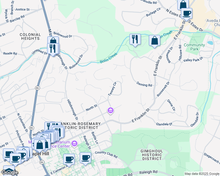 map of restaurants, bars, coffee shops, grocery stores, and more near 325 Tenney Circle in Chapel Hill