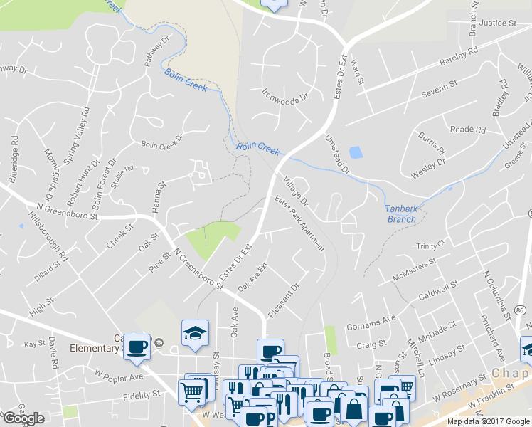 map of restaurants, bars, coffee shops, grocery stores, and more near 306 Estes Drive in Carrboro