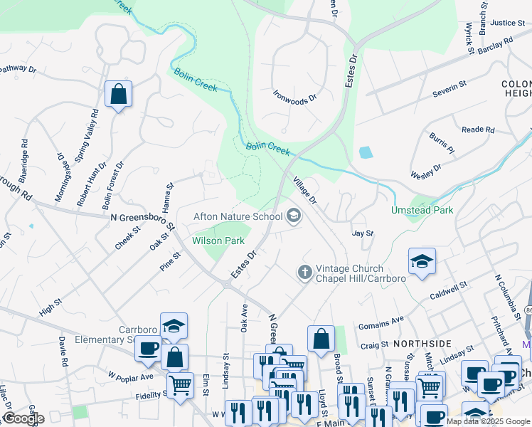 map of restaurants, bars, coffee shops, grocery stores, and more near 201 Estes Drive in Carrboro