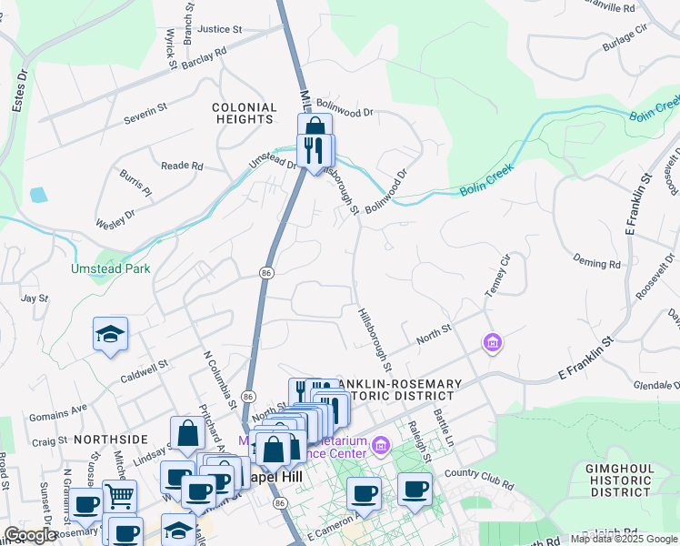 map of restaurants, bars, coffee shops, grocery stores, and more near 511 Hillsborough Street in Chapel Hill