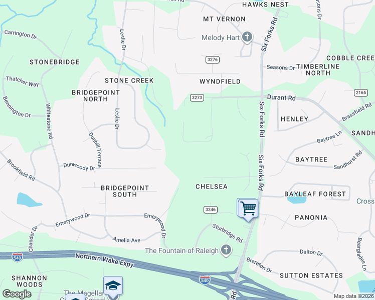 map of restaurants, bars, coffee shops, grocery stores, and more near 14236 Wyndfield Circle in Raleigh