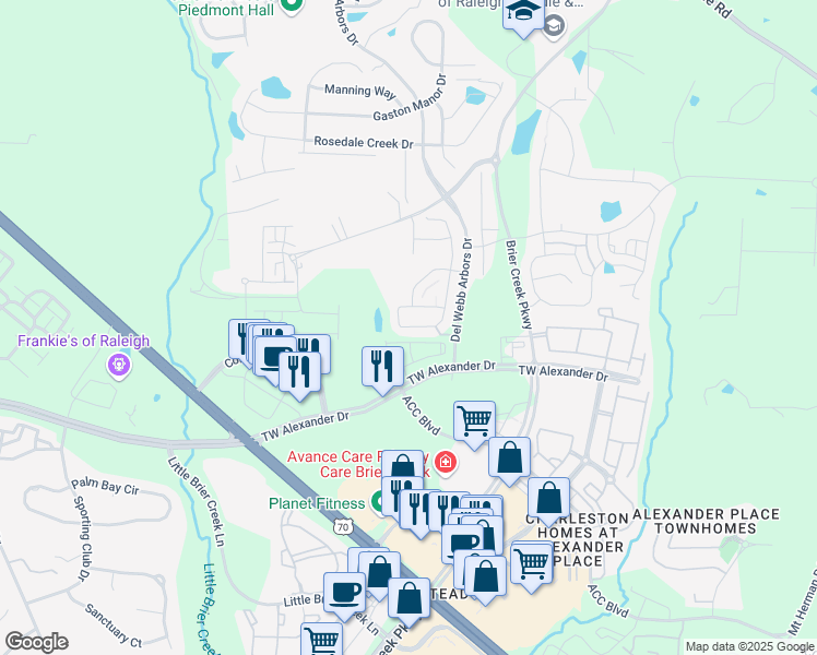 map of restaurants, bars, coffee shops, grocery stores, and more near 706 Brier Crossings Loop in Durham