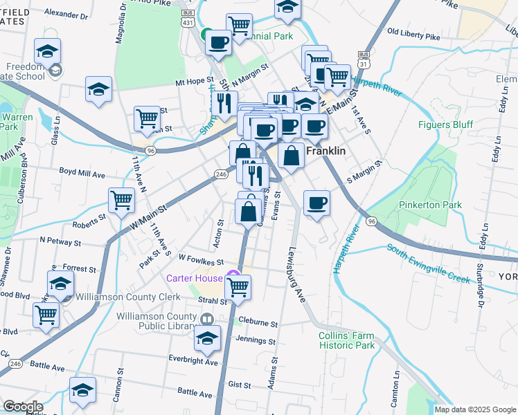 map of restaurants, bars, coffee shops, grocery stores, and more near 813 Columbia Avenue in Franklin