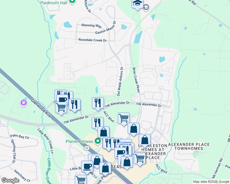 map of restaurants, bars, coffee shops, grocery stores, and more near 419 Brier Crossings Loop in Durham