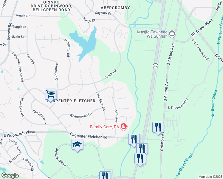 map of restaurants, bars, coffee shops, grocery stores, and more near 2 Drakesway Court in Durham