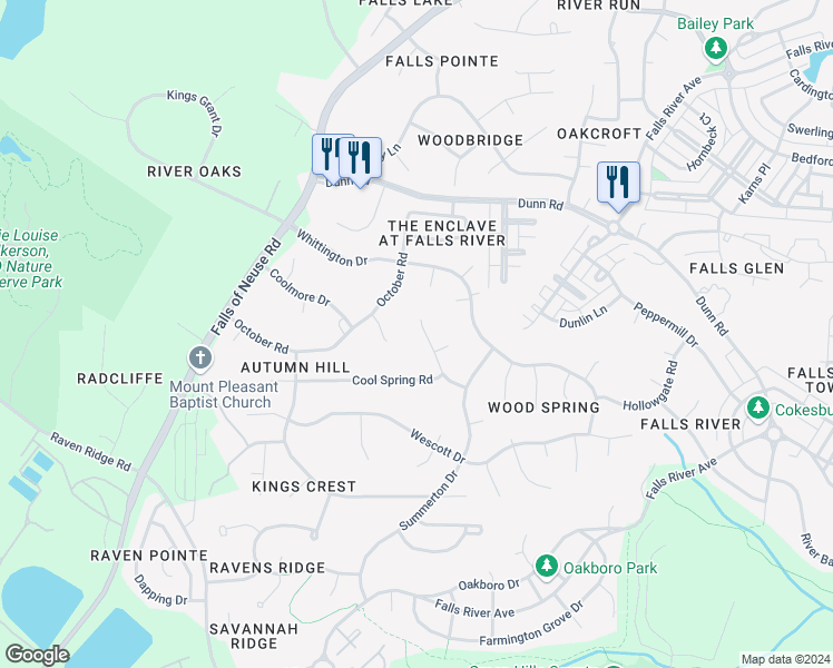 map of restaurants, bars, coffee shops, grocery stores, and more near 1512 Wood Spring Court in Raleigh