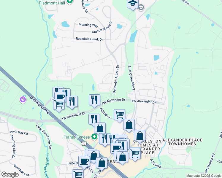 map of restaurants, bars, coffee shops, grocery stores, and more near 419 Brier Crossings Loop in Durham