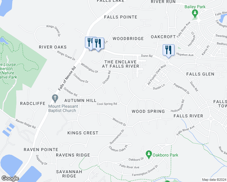 map of restaurants, bars, coffee shops, grocery stores, and more near 1512 Wood Spring Court in Raleigh
