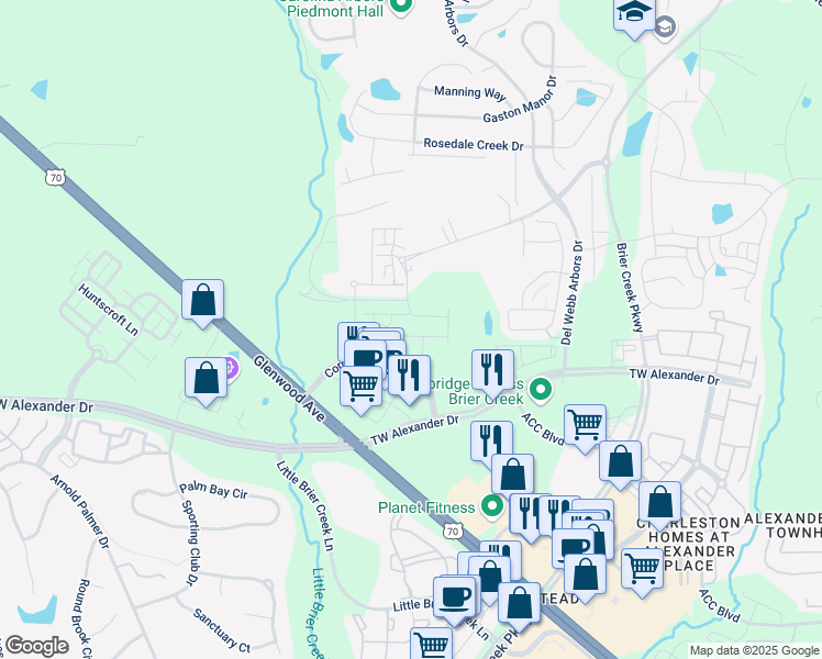 map of restaurants, bars, coffee shops, grocery stores, and more near 2137 Terrawood Drive in Durham