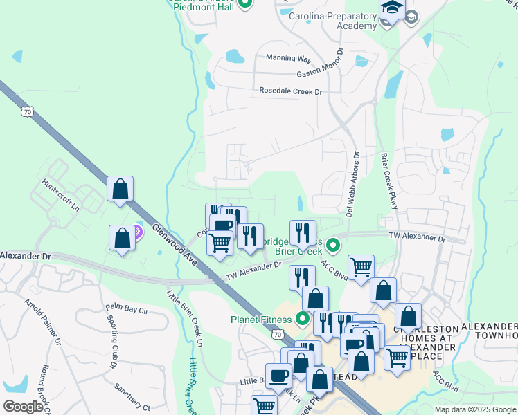 map of restaurants, bars, coffee shops, grocery stores, and more near 2139 Terrawood Drive in Durham