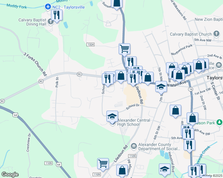 map of restaurants, bars, coffee shops, grocery stores, and more near 629 West Main Avenue in Township of Taylorsville