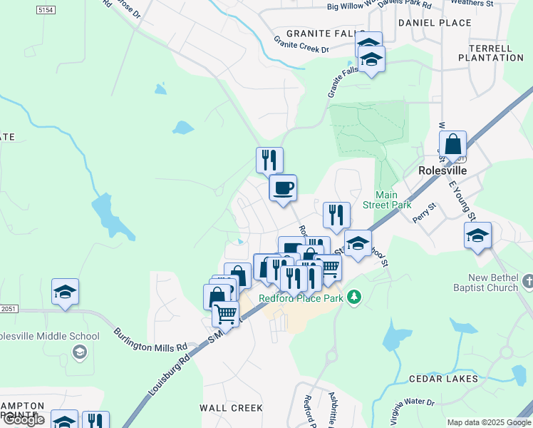 map of restaurants, bars, coffee shops, grocery stores, and more near 207 Leighann Ridge Lane in Rolesville