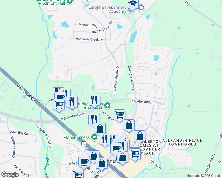 map of restaurants, bars, coffee shops, grocery stores, and more near 501 Brier Crossings Loop in Durham