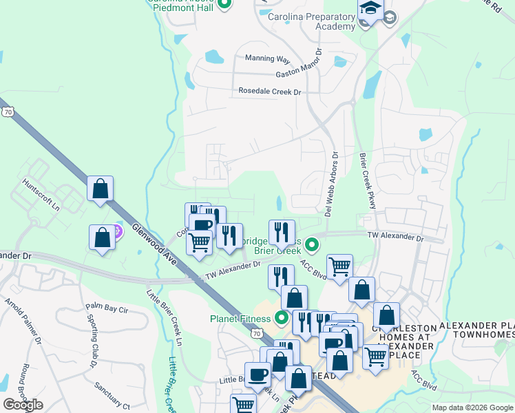 map of restaurants, bars, coffee shops, grocery stores, and more near 4216 Corners Parkway in Raleigh