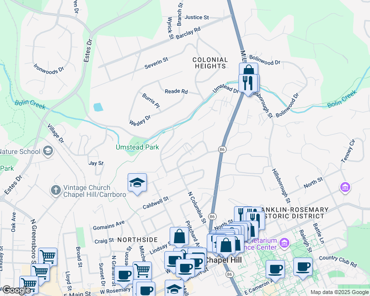 map of restaurants, bars, coffee shops, grocery stores, and more near 718 North Columbia Street in Chapel Hill