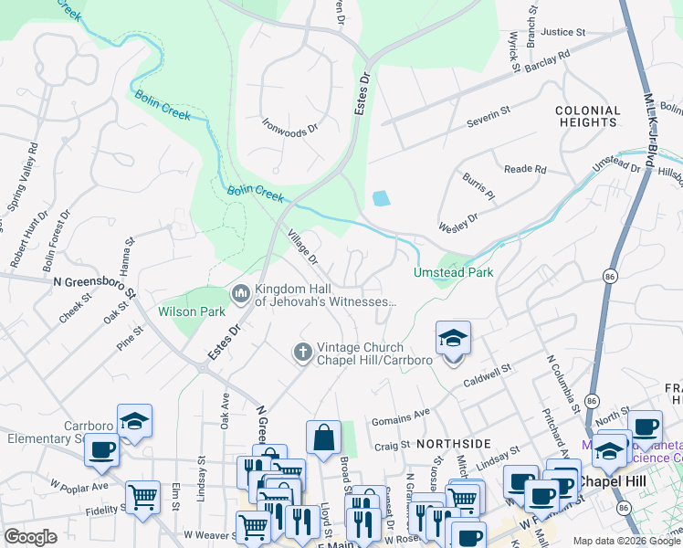 map of restaurants, bars, coffee shops, grocery stores, and more near 100 Jay Street in Chapel Hill