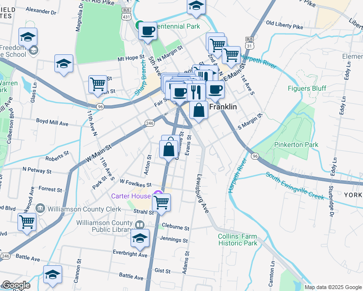 map of restaurants, bars, coffee shops, grocery stores, and more near 809 Evans Street in Franklin