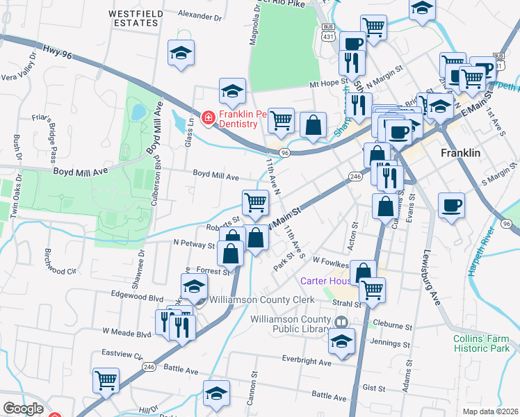 map of restaurants, bars, coffee shops, grocery stores, and more near 1118 West Main Street in Franklin