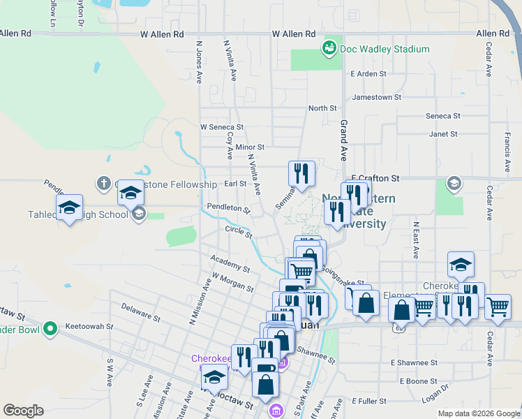 map of restaurants, bars, coffee shops, grocery stores, and more near 609 Dale Avenue in Tahlequah
