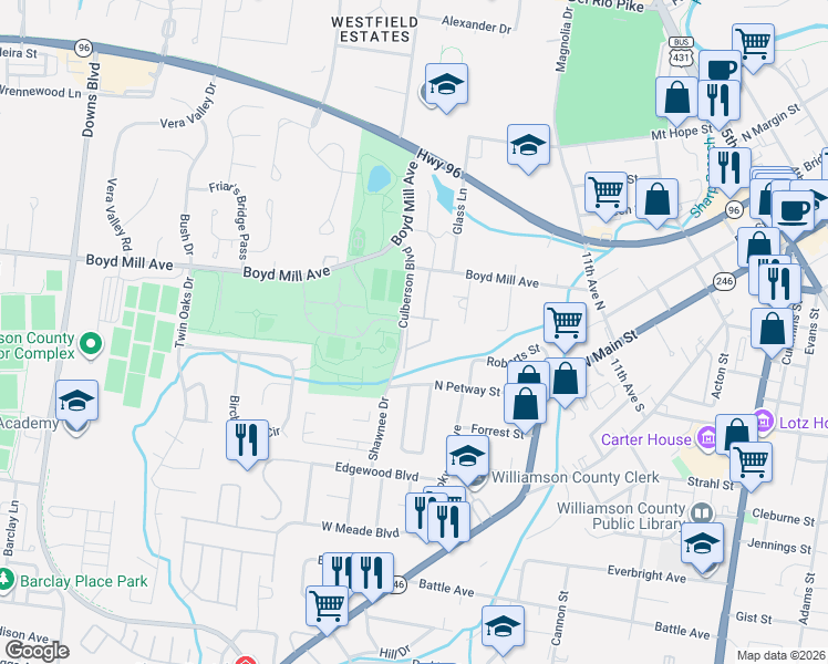 map of restaurants, bars, coffee shops, grocery stores, and more near 601 Boyd Mill Avenue in Franklin