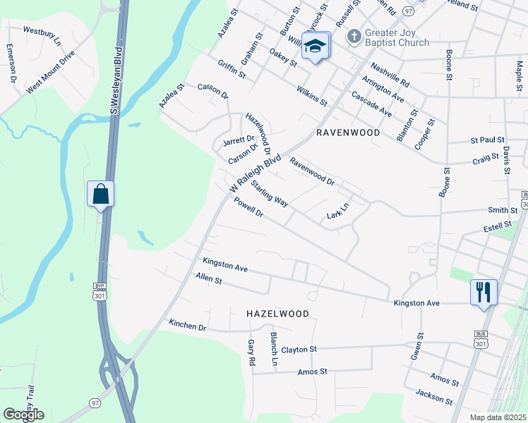 map of restaurants, bars, coffee shops, grocery stores, and more near 720 Powell Drive in Rocky Mount