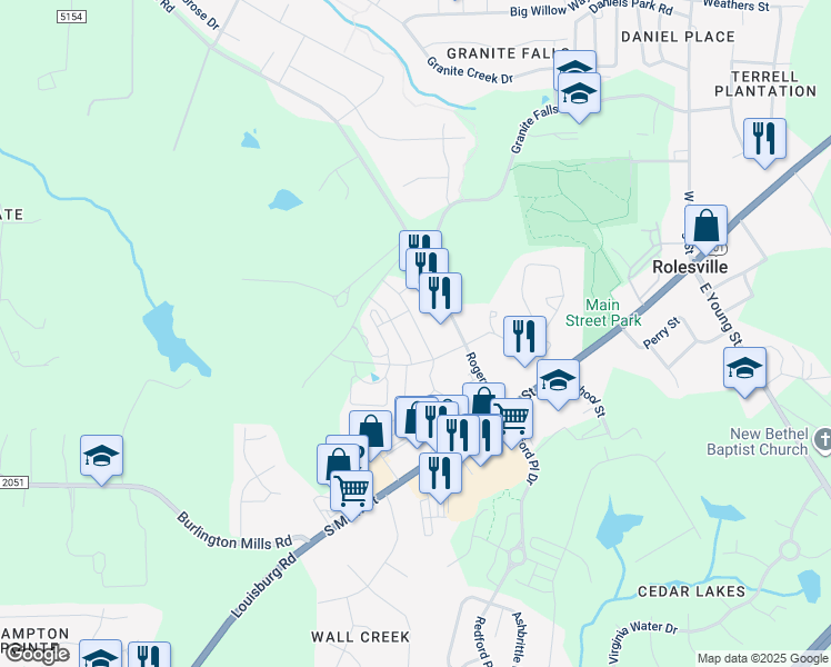 map of restaurants, bars, coffee shops, grocery stores, and more near 209 Leighann Ridge Lane in Rolesville