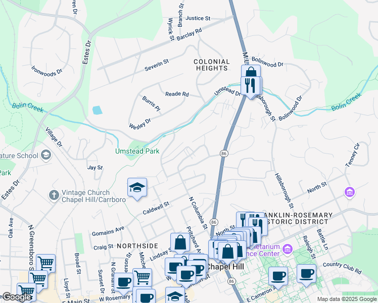 map of restaurants, bars, coffee shops, grocery stores, and more near 715 North Columbia Street in Chapel Hill