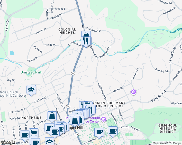 map of restaurants, bars, coffee shops, grocery stores, and more near 511 Hillsborough Street in Chapel Hill