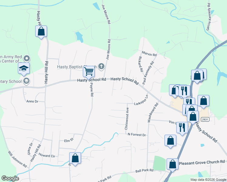 map of restaurants, bars, coffee shops, grocery stores, and more near 606 Hasty School Road in Thomasville
