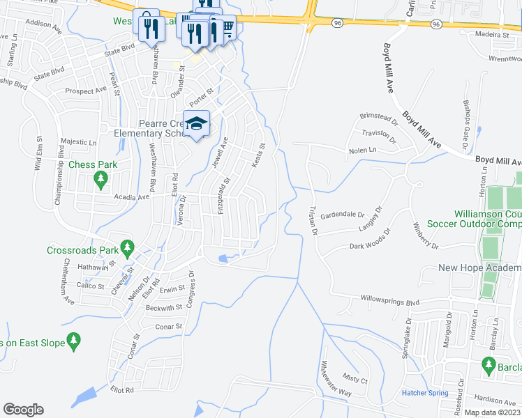 map of restaurants, bars, coffee shops, grocery stores, and more near 5097 Donovan Street in Franklin