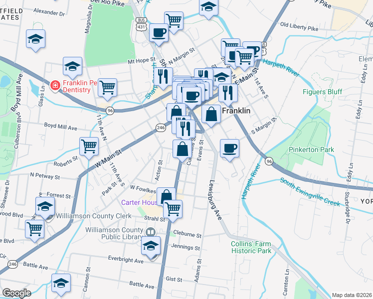 map of restaurants, bars, coffee shops, grocery stores, and more near 813 Columbia Avenue in Franklin