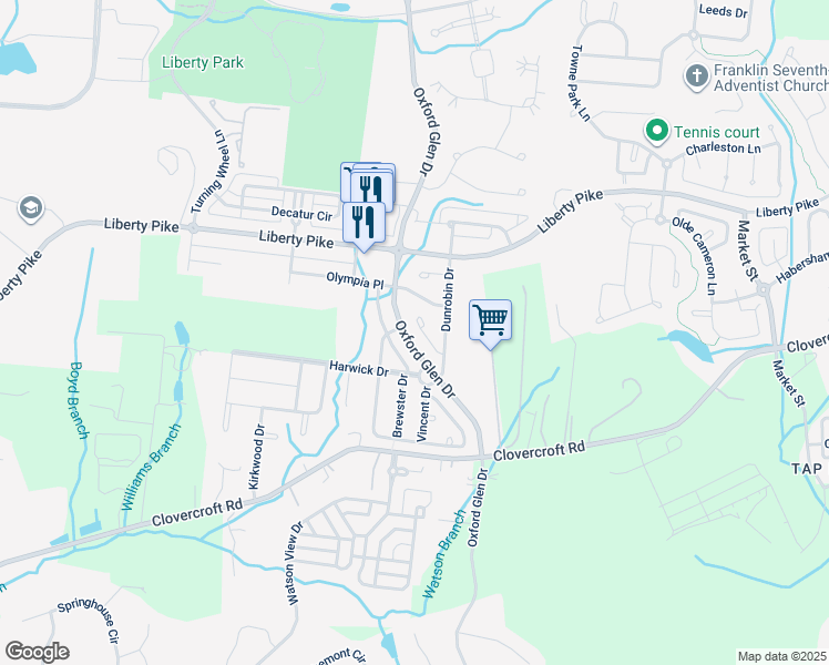 map of restaurants, bars, coffee shops, grocery stores, and more near 3029 Oxford Glen Drive in Franklin
