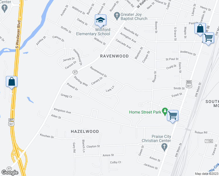 map of restaurants, bars, coffee shops, grocery stores, and more near 520 Lark Lane in Rocky Mount