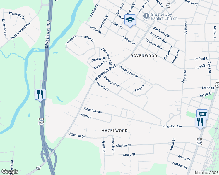 map of restaurants, bars, coffee shops, grocery stores, and more near 720 Powell Drive in Rocky Mount