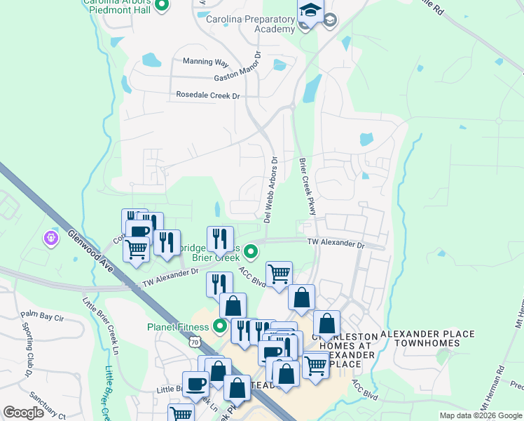 map of restaurants, bars, coffee shops, grocery stores, and more near 501 Brier Crossings Loop in Durham