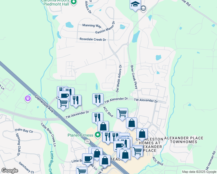 map of restaurants, bars, coffee shops, grocery stores, and more near 510 Brier Crossings Loop in Durham