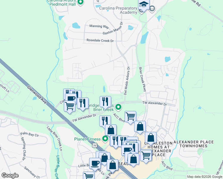 map of restaurants, bars, coffee shops, grocery stores, and more near 531 Brier Crossings Loop in Durham