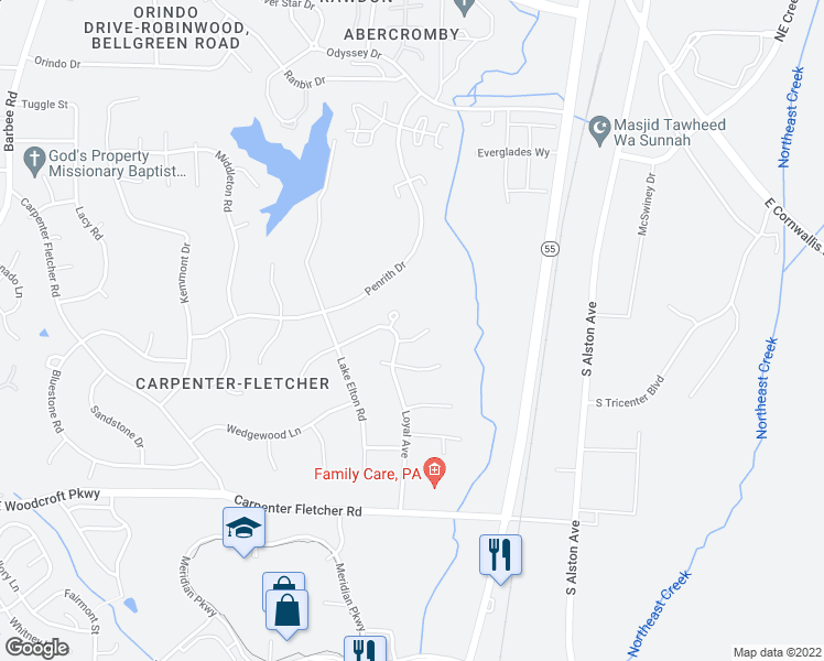 map of restaurants, bars, coffee shops, grocery stores, and more near 2 Drakesway Court in Durham