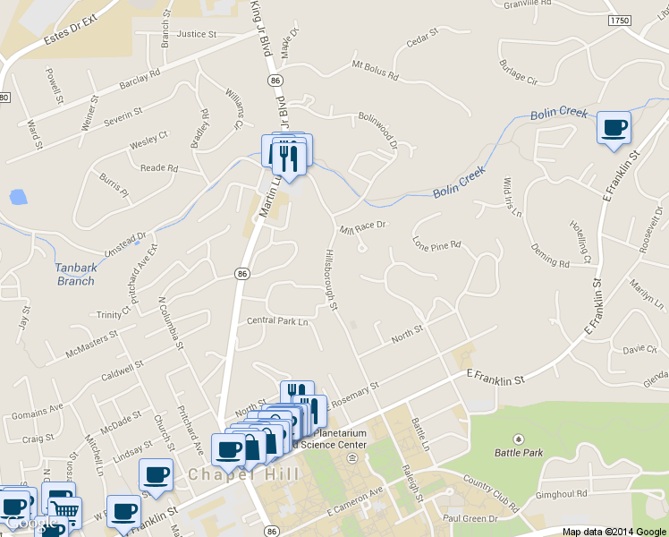 map of restaurants, bars, coffee shops, grocery stores, and more near 430 Hillsborough Street in Chapel Hill