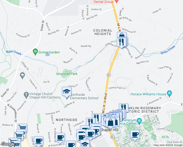 map of restaurants, bars, coffee shops, grocery stores, and more near 718 North Columbia Street in Chapel Hill