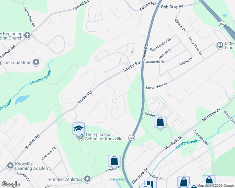 map of restaurants, bars, coffee shops, grocery stores, and more near 11104 Fox Brook Lane in Knoxville